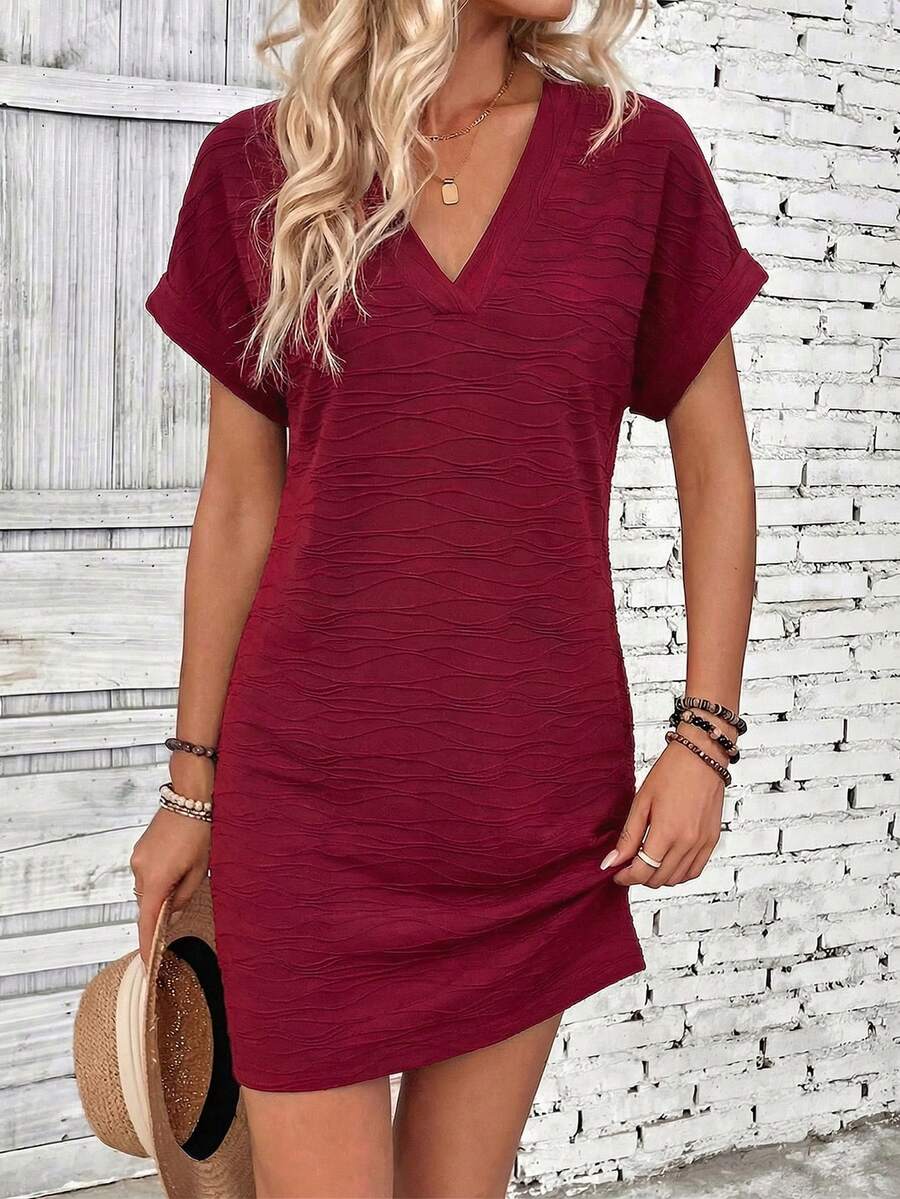 EMERY ROSE Women's Summer Casual Vacation Solid Color Textured V-Neck Batwing Sleeve Dress - Red - View 1