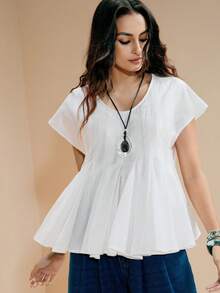 Women's Woven Cotton Blend Round Neck Raglan Sleeve Casual Top - White - View 5