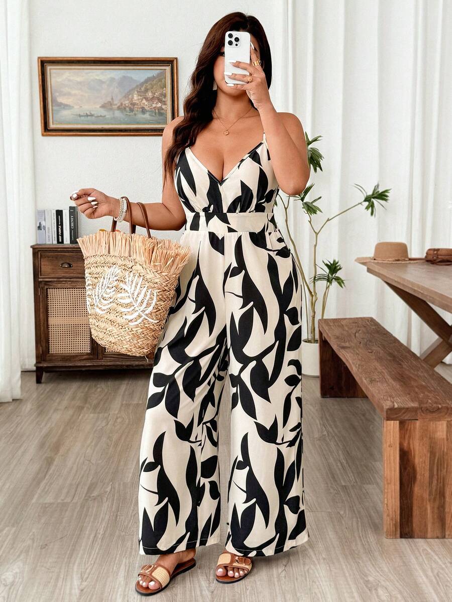 Weeklong 夏季时尚休闲度假法式复古优雅通勤V领印花连体裤 - 杏色 - 查看 1