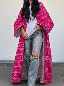 1pc Elegant Long Sleeve Coat - Polyester Fashion Versatile Long Outwear, All-Over Printed, Casual Loose Fit, Suitable For All Seasons Fall Winter Cloth For Women - Hot Pink - View 5