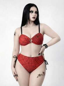 ROMWE Goth Plus Size Women's Red Spider Web Print Tankini Swimwear 2 Pieces Set, Essential For Summer Vacation And Beach Gym Travel - Multicolor - View 3