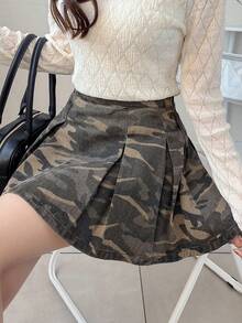 FRIFUL 女士迷彩图案褶皱休闲牛仔裙 - 藍色 - 查看 4