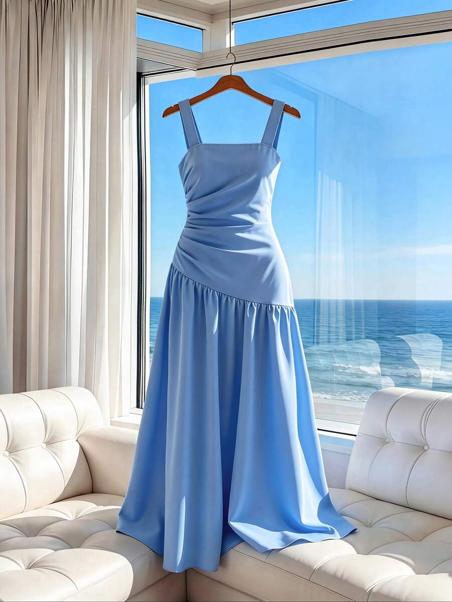 SHEIN Clasi Robe longue sans manches élégante en couleur unie tissée pour femmes grandes tailles, printemps/été - Bleu azur - Voir 1