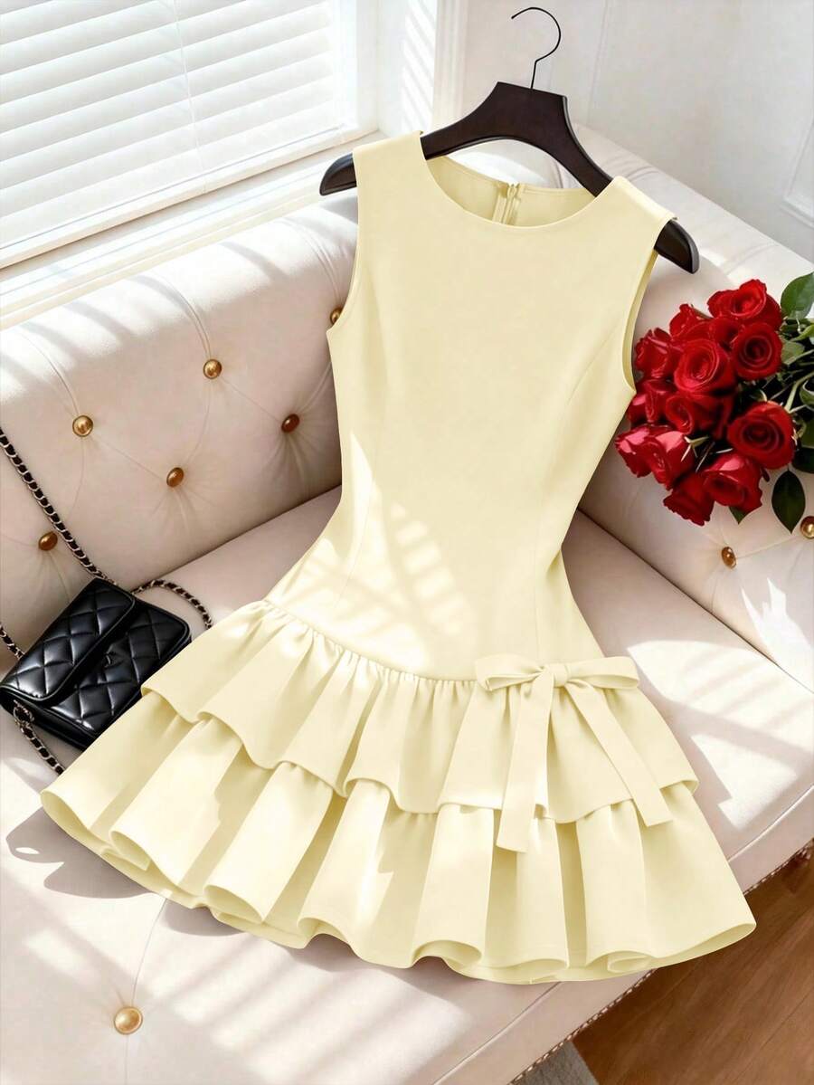 Qadelle Đầm không tay kiểu Pháp thanh lịch, đầm ngắn không tay màu đỏ đính nơ, thích hợp cho đi chơi hàng ngày, hẹn hò, du lịch. - Màu be - Xem 1
