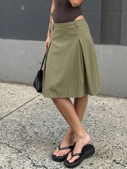 Avantive Bolted Mid-Length Green Midi Skirt Summer Spring Outfit Women Festival Beach Casual Holiday Outfits Formal Country Concert Outfit Work Outfits For Women Y2K College Street Style Hot Girl Olive Skirt Casual Skirts For Women Skirt For Office