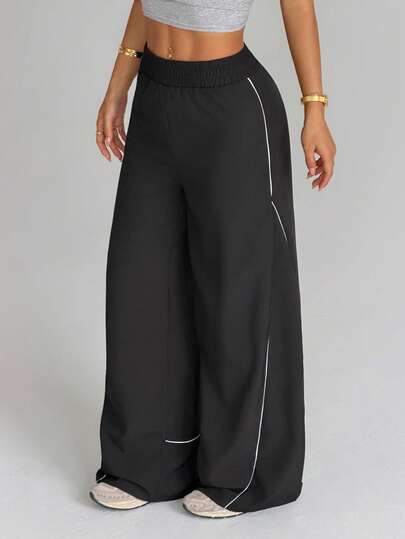 Dewbera Women's Elastic Waist Black & White Straight Leg Workout Pants