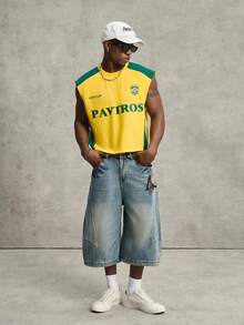 PAVTROS 男士街头风圆领无袖上衣，巴西风情，运动休闲新款，独特风格，撞色T恤，宽松针织运动卫衣，品牌Logo，主题设计，适合日常穿着、运动、休闲、主题活动、节日礼物、男友礼物 - 黃色 - 查看 4