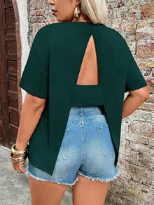 Breezaya Plus Size Women's Solid Color Minimalist Round Neck Short Sleeve T-Shirt, Fashionable For Daily Wear, Dates, Commuting In Spring/Summer - Dark Green - View 4