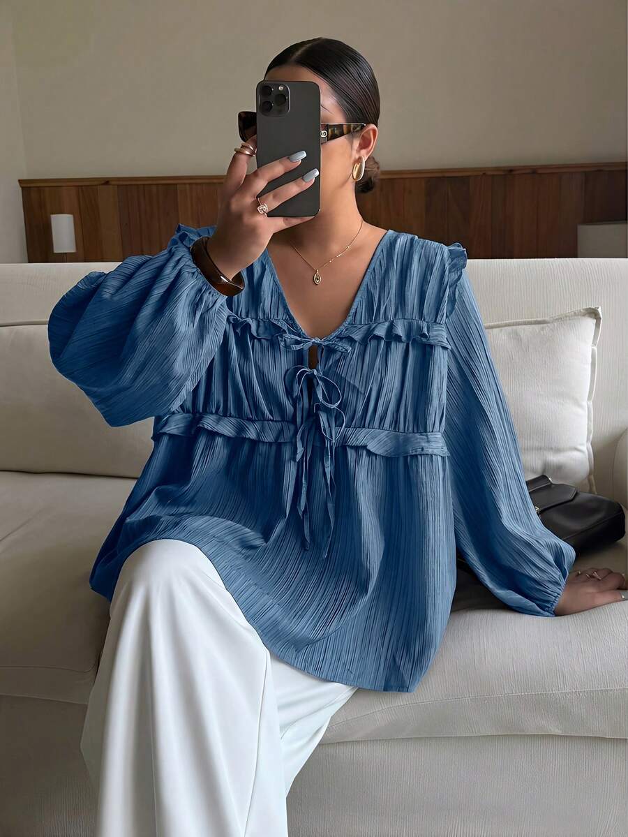 Dripcurv 大码女式黑色V领休闲灯笼袖上衣，宽松日常度假风格，适合新年和情人节穿着。 - 霧霾藍 - 查看 1