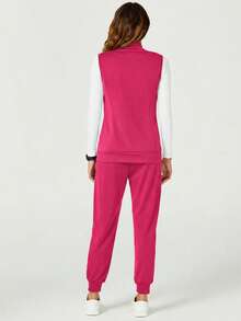 TaskEZ Women's Minimalist Solid Color Zip-Up Stand Collar Sleeveless Scrub Uniform Jacket - Hot Pink - View 2