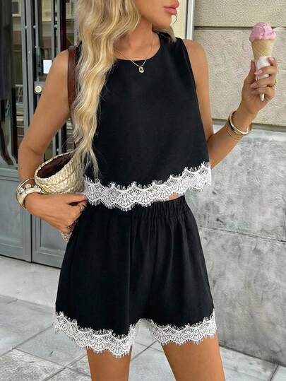 SHEIN LUNE Women's Casual Lace Patchwork Sleeveless Top And Shorts 2-Piece Set, Suitable For Summer Vacation, Daily Wear Summer Outfits  Summer Outfit For Women Vacation Outfits Women Summer Holiday Outfits Casual Sets For Women Zoey Outfit Trending Outfit Summer Outfit For Women Dress Zante Holiday Outfit