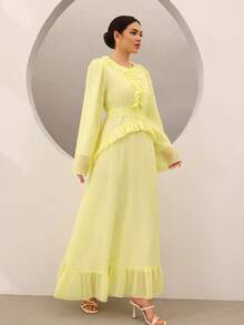 Graceveil Đầm nghỉ mát thanh lịch, sang trọng, cổ bèo nhún, thắt eo, tay dài, dáng xòe. - Màu vàng - Xem 4