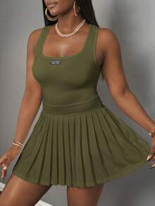 Slaydiva New Spring & Summer Casual Basic U-Neck Racerback Vest With Black Label & White Text, Pleated Skirt Shorts & Culottes, Knit Fabric Women Mini Dress - Army Green - View 6