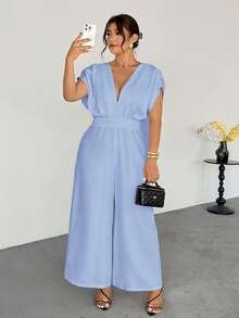 女士夏季纯色深V领蝙蝠袖阔腿连体裤/白色亚麻服装/七月四日服装/海滩度假服装/商务休闲女装/办公室/夏季服装/毕业服装/下午茶聚会/优雅露背吊带/优雅露背吊带连体裤 - 藍色 - 查看 6