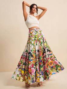 LOTSLUV Falda plisada con estampado floral tropical en toda la prenda, adecuada para vacaciones de primavera/verano - Multicolor - Ver 1