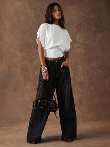 SHEIN BAE 女士95%纯棉白色休闲简约优雅百搭蝙蝠袖收腰T恤 - 完美适用于春夏、办公室通勤、优雅度假海滩装、音乐节派对、夏季假期、热带度假、海滩之旅、音乐节、毕业季及外出场合 - 彩色 - 查看 6