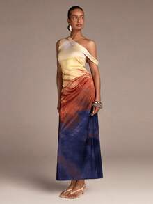 COSMINA 女士优雅不对称肩部缎面扎染印花连衣裙，适合约会、浪漫场合、假日、婚礼、花园派对等各种场合，四季皆宜。 - 彩色 - 查看 5