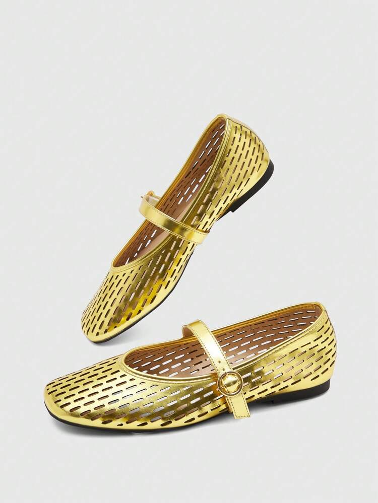CUCCOO BIZCHIC Spring And Summer Gold Laser Hollow Square Toe Word Belt Comfortable Soft Simple Commuter Women Flat Shoes