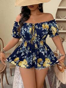 Weeklong Spring/Summer New Plus Size Women's Off Shoulder Cinched Waist Chest Tie Dye Print Elegant Fashion Blouse, Suitable For Dates, Travel, Etc. - Blue and White - View 5