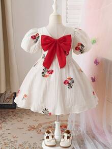 SHEIN 小女孩连衣裙，饰有大蝴蝶结，优雅气质，淑女风薄纱 - 杏色 - 查看 5