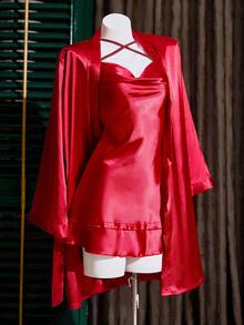 SilkySpell 2pcs Women's Sexy Satin Slip Dress & Robe Set, Elegant Sleepwear Suit, Burgundy, Bridal Gown, Multi-Piece, All Season Red Dress Silk Red Satin Night Gown Red Dress For Women Special Occasion - Burgundy - View 5
