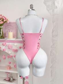 PetitDoll 樱桃印花网眼拼接系带吊带背心 - 珊瑚粉 - 查看 2