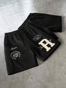 TOKVUE Pantalones cortos sueltos casuales de hombre con bolsillo inclinado y estampado de letras - Negro - Ver 1