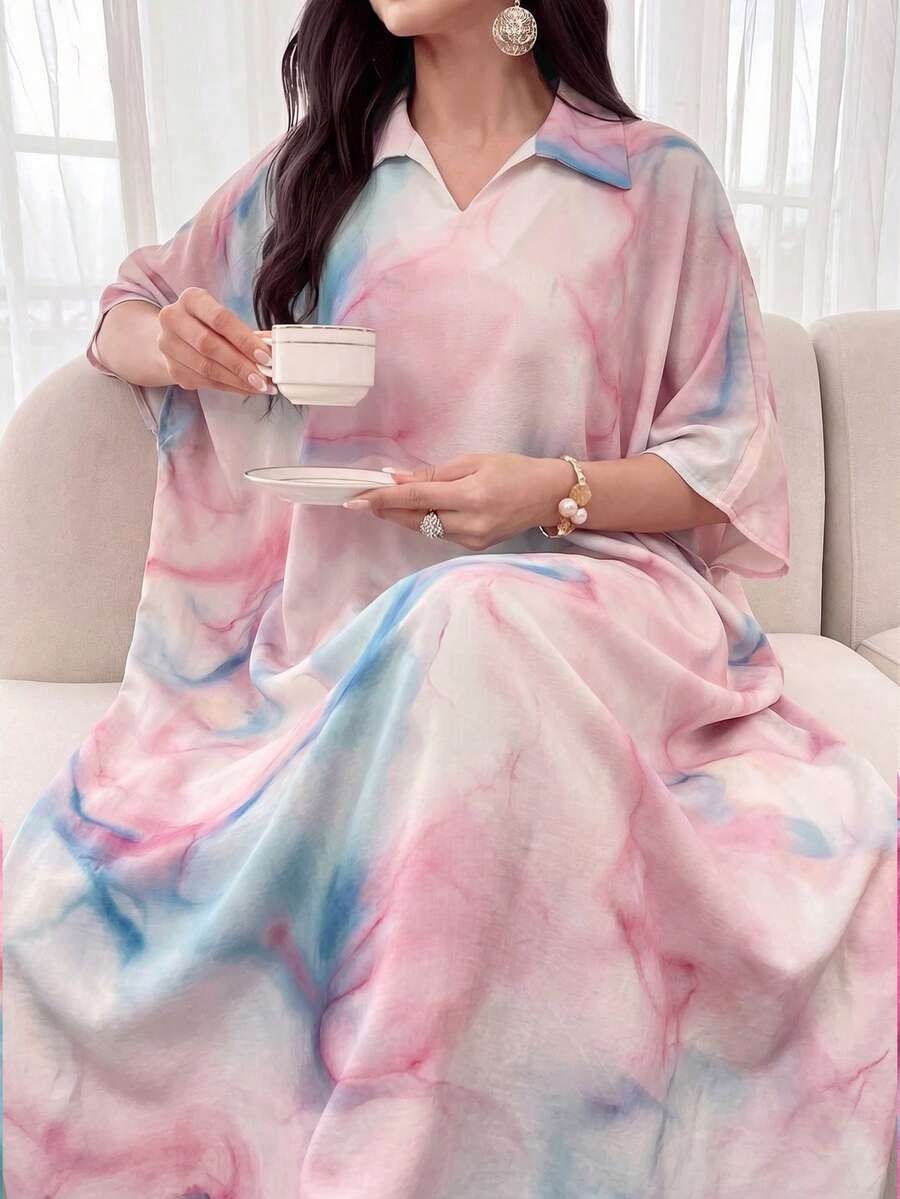 SHEIN Najma Đầm ngắn tay dáng rộng nhuộm tie-dye có cổ, thích hợp cho mùa xuân/hè. - Nhiều màu - Xem 1