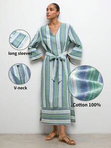 MAIJA Elegant Lace V-Neck Puff Sleeve A-Line Maxi Dress - Multicolor - View 2