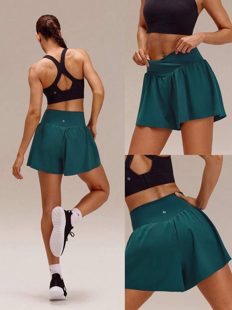 OptiDry Fierce Flow Soft Quick-Dry Side Pockets Non-Slip Grips Stretchy High Waist Flowy Crossover Eyelet Shorts Running Cycling Workout Gym