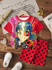 Miraculous Ladybug X SHEIN 女童夏季休闲卡通人像印花圆领短袖T恤和短裤套装 - 白色 - 查看 1
