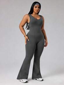 Rhythm Era Plus Size Women's Minimalist Solid Color Backless Shapewear Breathable Comfortable Flared Jumpsuit - Dark Grey - View 4