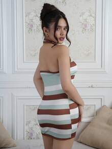 Criza Taa 条纹深 V 领露背挂脖迷你连衣裙 - 綠色 - 查看 6