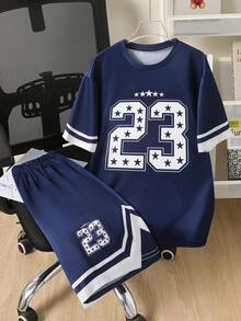 Coolqubz 2 piezas Conjunto de camiseta de manga corta y pantalones cortos de verano, tela de malla tejida con estampado numérico a rayas, estilo casual diario deportivo escolar, atuendo juvenil para uso al aire libre y en la ciudad - Azul Marino - Ver 3