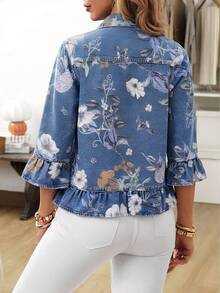 Breezaya Áo khoác denim nữ in hoa phong cách thường ngày - Màu xanh lam - Xem 2