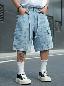 Manfinity EMRG Quần short denim nam màu xanh dương, kiểu dáng thường ngày, họa tiết dập nổi. - Rửa nhẹ - Xem 1