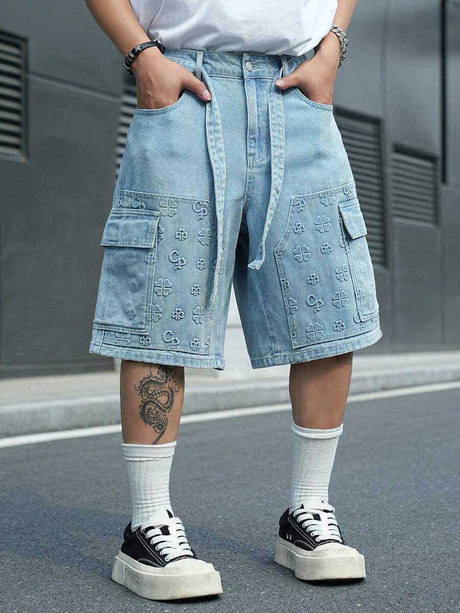 Manfinity EMRG Quần short denim nam màu xanh dương, kiểu dáng thường ngày, họa tiết dập nổi. - Rửa nhẹ - Xem 1