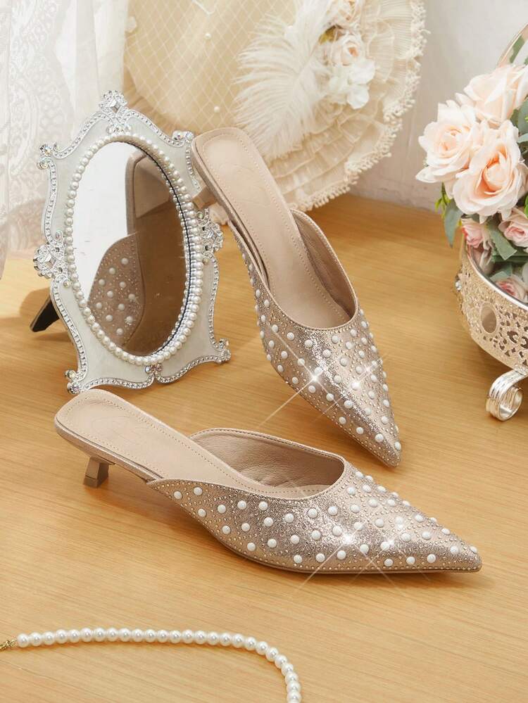 CUCCOO HITCHD Women's Shoes Pointed Rose Gold Spring And Summer New Pearl Decoration Fashion Temperament Elegant Wear Dinner Shoes Dating Shoes Kitten Heel High Heels Shoes