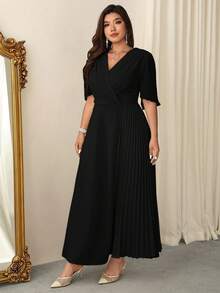 Firerie Plus Size Women's Fashionable Solid Color Wrap Around Pleated Dress - Black - View 5
