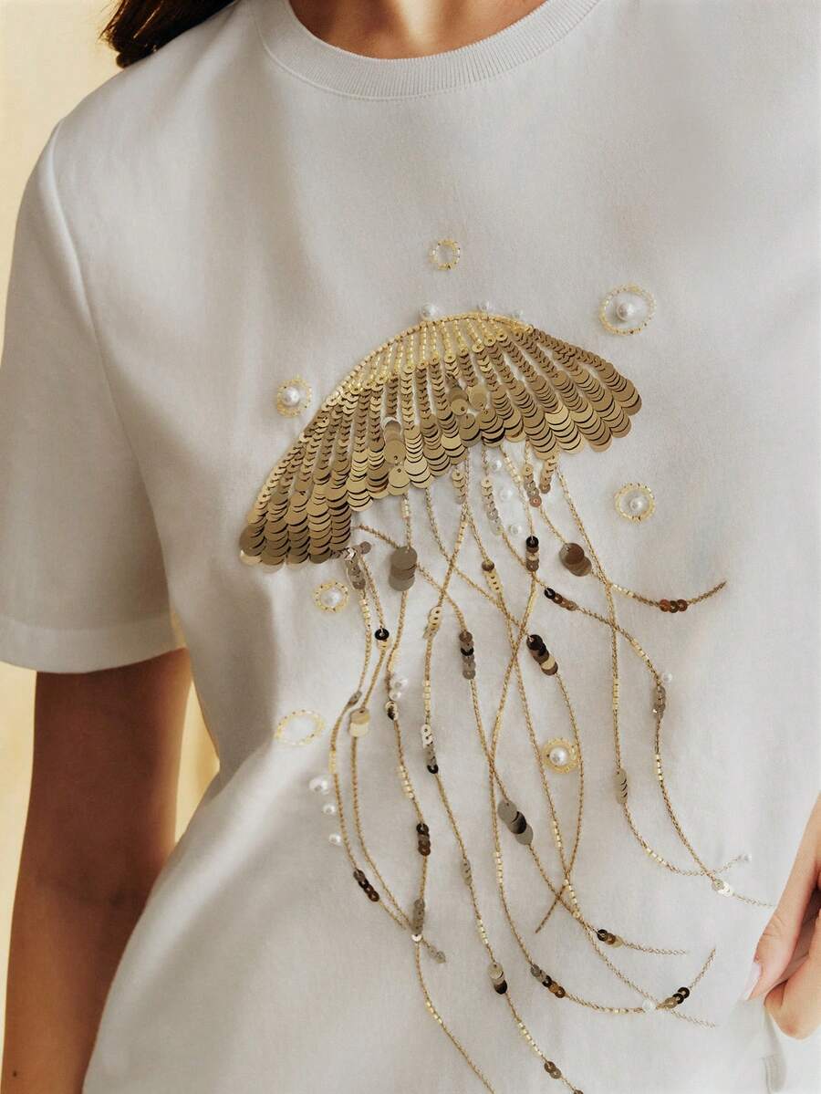 Áo thun nữ cỡ lớn Anewsta kiểu dáng thường ngày, đa năng, cổ tròn, tay ngắn, thêu sequin hình sứa, phù hợp mọi dịp, dành cho nữ. - trắng - Xem 1