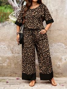 SHEIN LUNE Bộ đồ 2 món cỡ lớn họa tiết da báo cổ tròn và quần ống rộng thắt nút, kiểu dáng thường ngày. - Nhiều màu - Xem 5