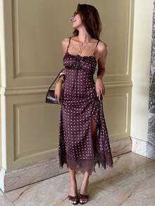 Serisse Đầm nữ mùa hè đi biển, họa tiết chấm bi, xếp ly ở phần ngực, xẻ tà, dây mảnh, dài đến đầu gối. - màu nâu - Xem 5