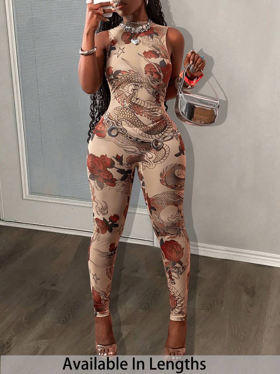 SHEIN PETITE CURVE Quần dài ôm dáng cổ tàu gợi cảm dành cho nữ cỡ lớn, màu mơ, chất liệu lưới in hoa hồng và rồng. - Nhiều màu - Xem 1