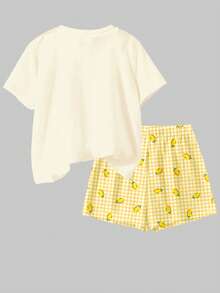 SHEIN Young Girl Retro Elegant Cream Lemon Tree Print Pattern,Fresh Yellow Plaid Short Sleeve T-Shirt And Shorts 2-Piece Set,Holiday Summer,Pastoral Style - Multicolor - View 2