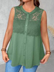 Flouryn Plus Size Women Round Neck Contrast Lace Button Cardigan Elegant Vest Green Lace Top Green Tops For Woman Elegant - Green - View 5