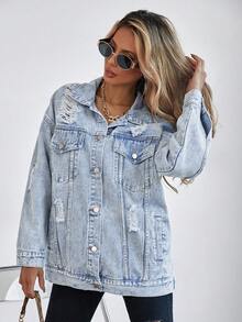 Selenza Plus Size Casual Washed Distressed Denim Jacket - Blue - View 11