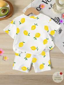 女童（小号）T恤套装，夏日柠檬印花，活力百搭，充满夏日气息 - 彩色 - 查看 2