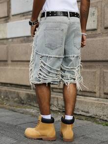 Manfinity EMRG Quần short denim nam màu xanh dương, kiểu dáng thường ngày, kẻ sọc, rách gấu. - Rửa nhẹ - Xem 5