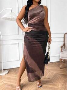 EMERY ROSE Plus Size Plus Size Summer Tie-Dye Printed Maxi Dress,Chocolate Brown Asymmetric Neckline Ruched Waist Side Slit Classy Night Out Club Elegant Party - Multicolor - View 4