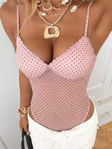 SHEIN EZwear Pink & Brown Polka Dot Mesh Camisole - Pink - View 4